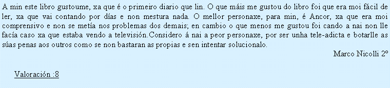 Cuadro de texto: A min este libro gustoume, xa que � o primeiro diario que lin. O que m�is me gustou do libro foi que era moi f�cil de ler, xa que vai contando por d�as e non mestura nada. O mellor personaxe, para min, � Ancor, xa que era moi comprensivo e non se met�a nos problemas dos demais; en cambio o que menos me gustou foi cando a nai non lle fac�a caso xa que estaba vendo a televisi�n.Considero � nai a peor personaxe, por ser unha tele-adicta e botarlle as s�as penas aos outros como se non bastaran as propias e sen intentar solucionalo.Marco Nicolli 2�Valoraci�n :8