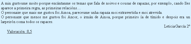 Cuadro de texto: A min gustoume moito porque enc�ntanme os temas que fala de noivos e cousas de rapazas, por exemplo, cando lles aparece a primeira regra, as primeiras relaci�ns....O personaxe que mais me gustou foi Ainoa, pareceume unha rapaza moi extravertida e moi atrevida.O personaxe que menos me gustou foi Ancor, o irm�n de Ainoa, porque primeiro �a de t�mido e despois era un larpeir�n coma todos os rapaces.LeticiaGarc�a 2�Valoraci�n :8,5