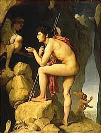 Edipo no momento de resolver o enigma da esfinxe segundo o pintor franc&eacute;s Ingres