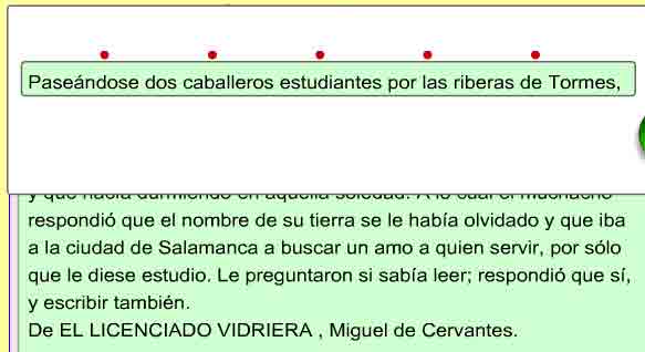 Texto con una cartulina superpuesta con una ranura que deja ver una l&iacute;nea de texto. Sobre la ranura hay unos puntos rojos espaciados para se&ntilde;alar los golpes de vista.